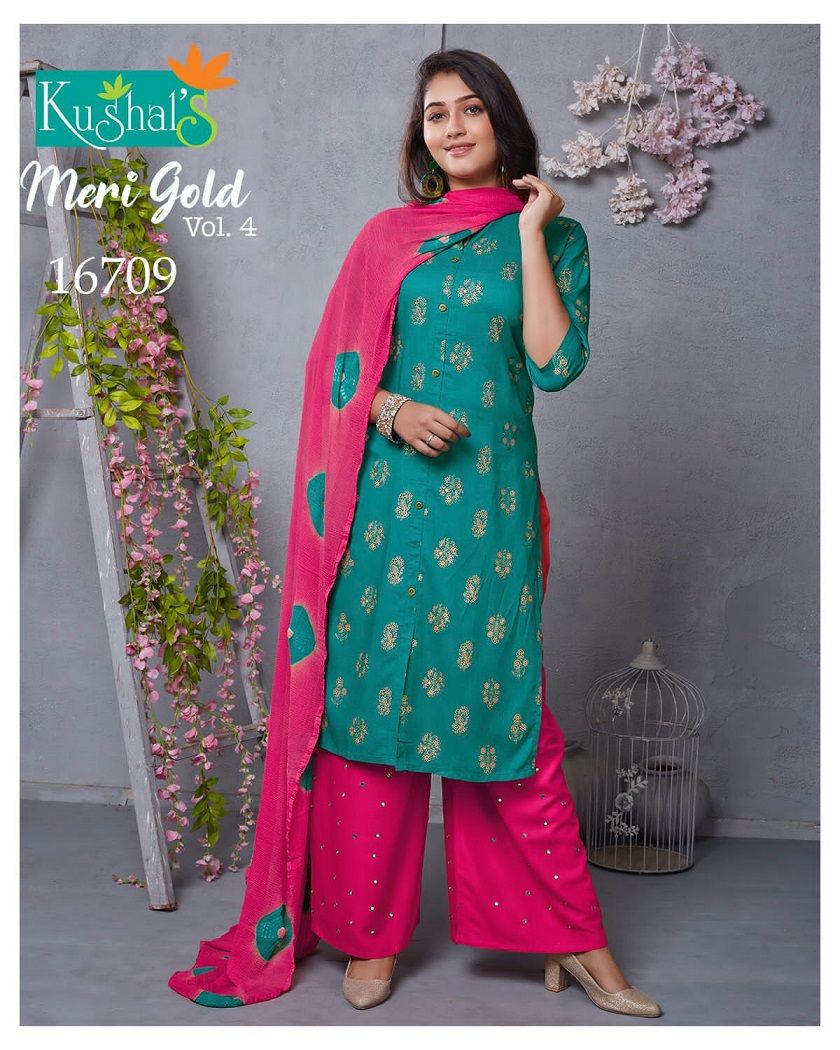Kushal Meri Gold 4 Kurti With Plazzo And Dupatta Rayon Readymade Dress Collection